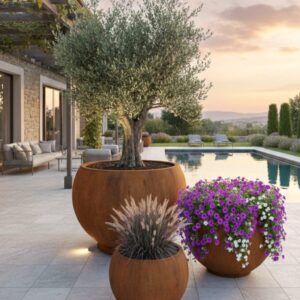 עציץ ענק כדורי מתכת קורטן