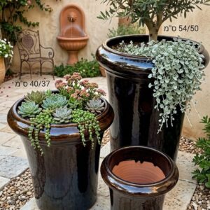 סט 802 - 3 עציצים טרקוטה עם גלזורה