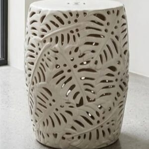 שרפרף / כיסא / שולחן צד קרמי צבע לבן עם דפוס עלים חלול