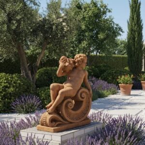 פסל ילד נשען על עיטור גליפוטי (Putto) בסגנון הבארו - צבע חום גוון טרקוטה